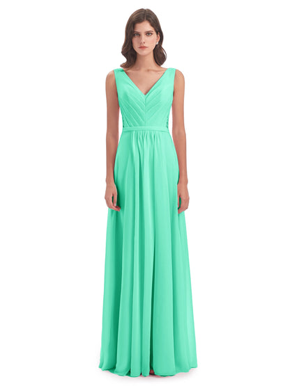 Kailee A-line V-neck Chiffon Long Bridesmaid Dresses