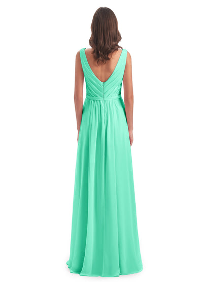 Kailee A-line V-neck Chiffon Long Bridesmaid Dresses
