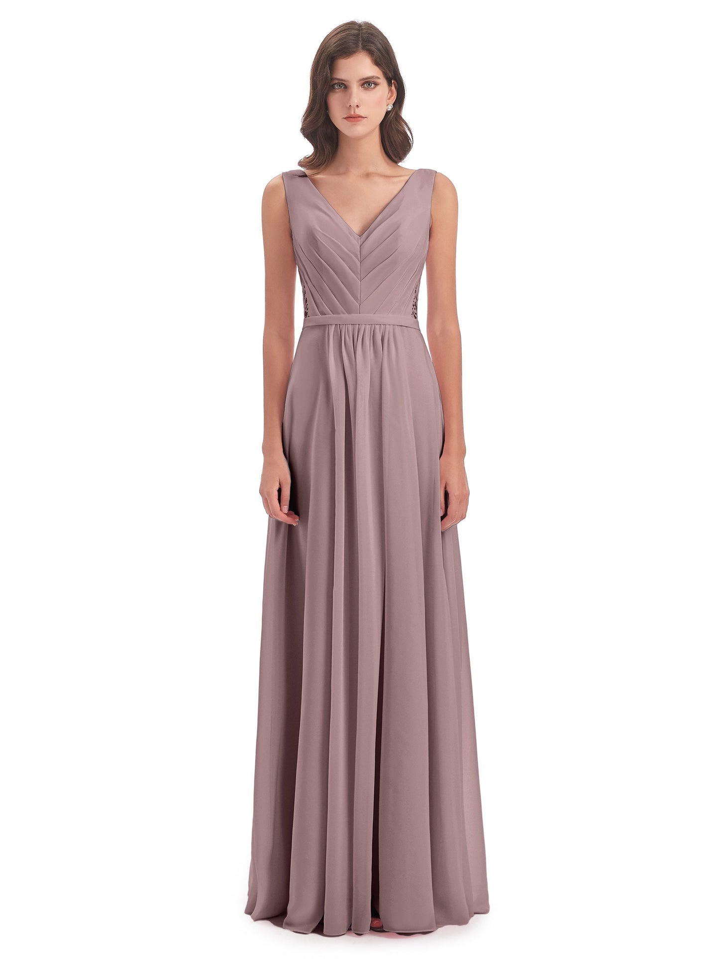 Kailee A-line V-neck Chiffon Long Bridesmaid Dresses