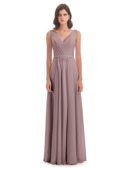 Kailee A-line V-neck Chiffon Long Bridesmaid Dresses