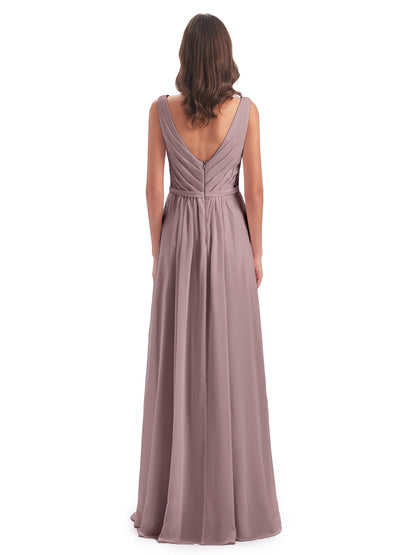 Kailee A-line V-neck Chiffon Long Bridesmaid Dresses