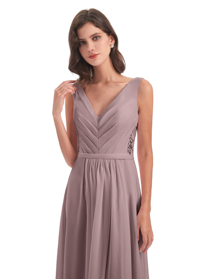 Kailee A-line V-neck Chiffon Long Bridesmaid Dresses