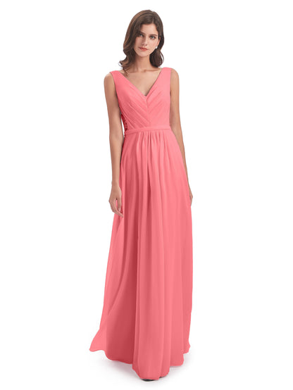 Kailee A-line V-neck Chiffon Long Bridesmaid Dresses