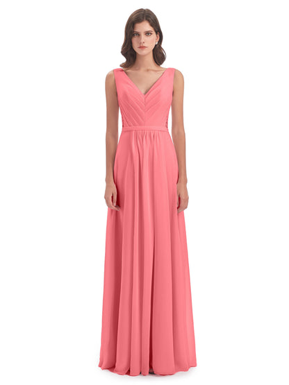 Kailee A-line V-neck Chiffon Long Bridesmaid Dresses