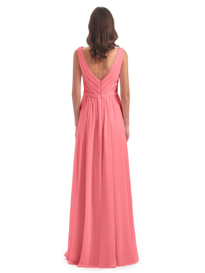Kailee A-line V-neck Chiffon Long Bridesmaid Dresses