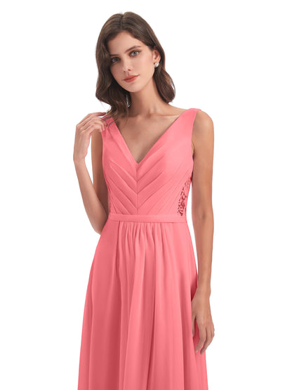 Kailee A-line V-neck Chiffon Long Bridesmaid Dresses