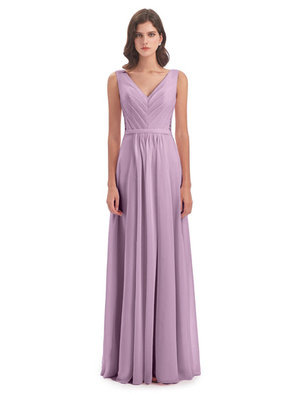 Kailee A-line V-neck Chiffon Long Bridesmaid Dresses