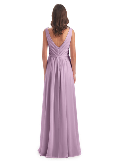 Kailee A-line V-neck Chiffon Long Bridesmaid Dresses