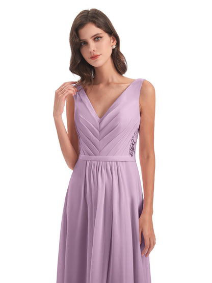 Kailee A-line V-neck Chiffon Long Bridesmaid Dresses