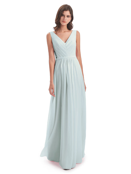 Kailee A-line V-neck Chiffon Long Bridesmaid Dresses