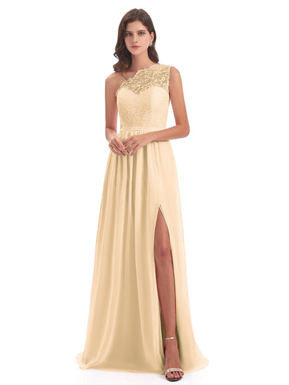 Kaiya One Shoulder Split Lace Long Bridesmaid Dresses