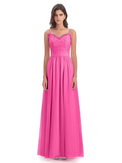 Madison A-line Spaghetti Straps Lace Long Bridesmaid Dresses