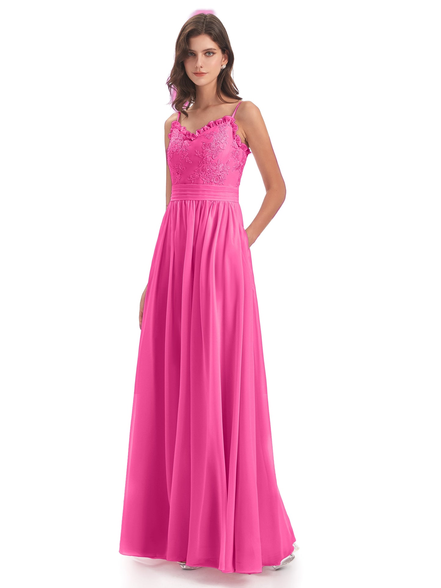 Madison A-line Spaghetti Straps Lace Long Bridesmaid Dresses