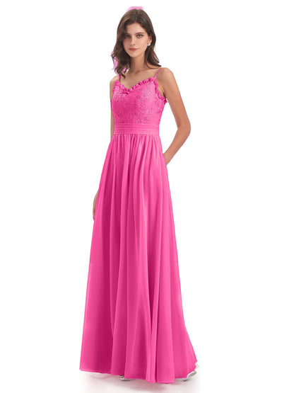 Madison A-line Spaghetti Straps Lace Long Bridesmaid Dresses