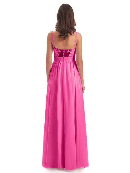 Madison A-line Spaghetti Straps Lace Long Bridesmaid Dresses