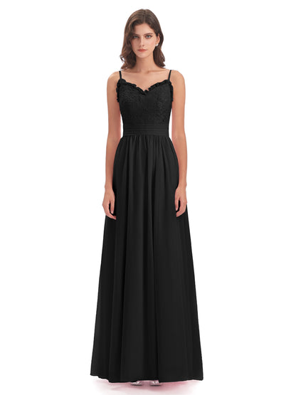 Madison A-line Spaghetti Straps Lace Long Bridesmaid Dresses