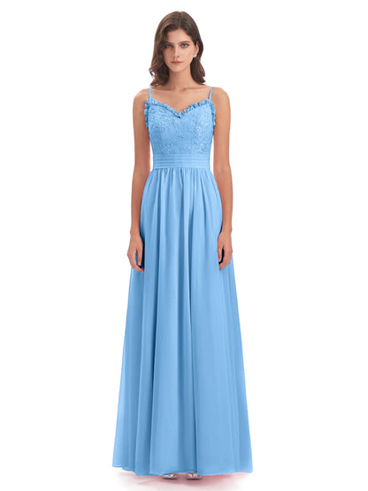 Madison A-line Spaghetti Straps Lace Long Bridesmaid Dresses