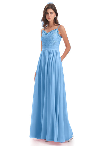 Madison A-line Spaghetti Straps Lace Long Bridesmaid Dresses