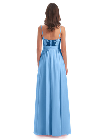Madison A-line Spaghetti Straps Lace Long Bridesmaid Dresses