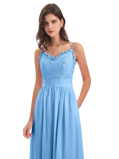 Madison A-line Spaghetti Straps Lace Long Bridesmaid Dresses