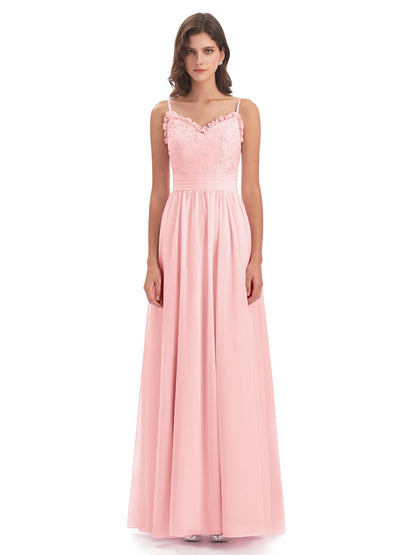 Madison A-line Spaghetti Straps Lace Long Bridesmaid Dresses