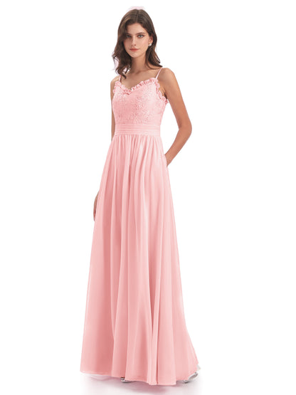 Madison A-line Spaghetti Straps Lace Long Bridesmaid Dresses