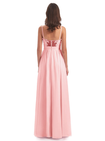 Madison A-line Spaghetti Straps Lace Long Bridesmaid Dresses