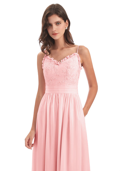 Madison A-line Spaghetti Straps Lace Long Bridesmaid Dresses
