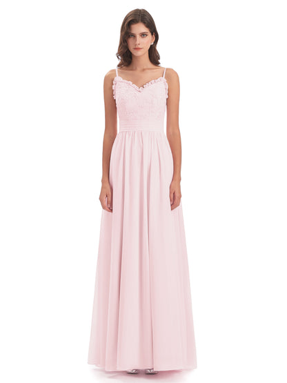 Madison A-line Spaghetti Straps Lace Long Bridesmaid Dresses