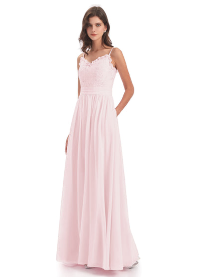 Madison A-line Spaghetti Straps Lace Long Bridesmaid Dresses