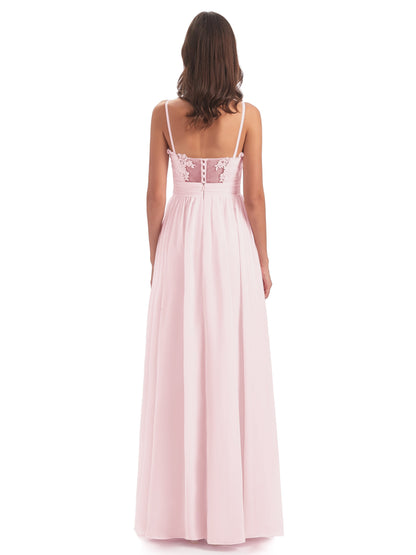 Madison A-line Spaghetti Straps Lace Long Bridesmaid Dresses