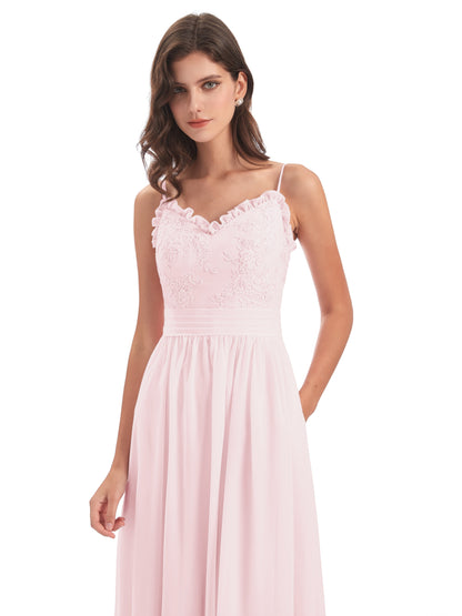 Madison A-line Spaghetti Straps Lace Long Bridesmaid Dresses
