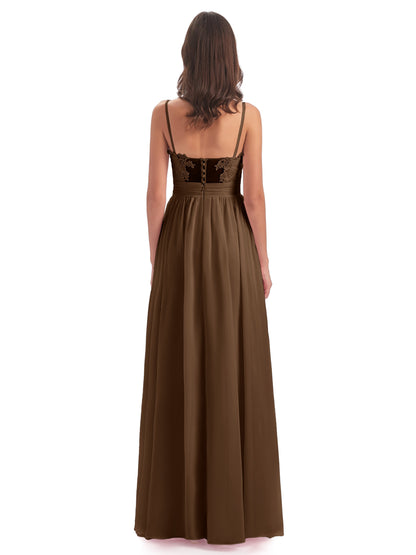 Madison A-line Spaghetti Straps Lace Long Bridesmaid Dresses