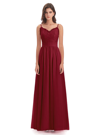 Madison A-line Spaghetti Straps Lace Long Bridesmaid Dresses