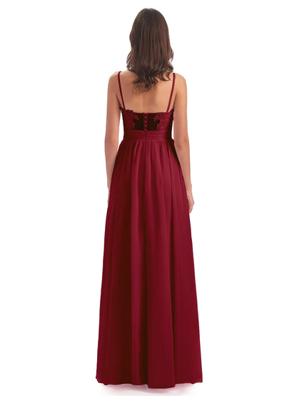Madison A-line Spaghetti Straps Lace Long Bridesmaid Dresses