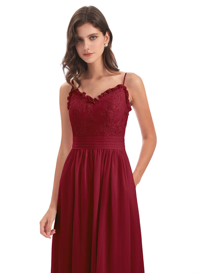 Madison A-line Spaghetti Straps Lace Long Bridesmaid Dresses