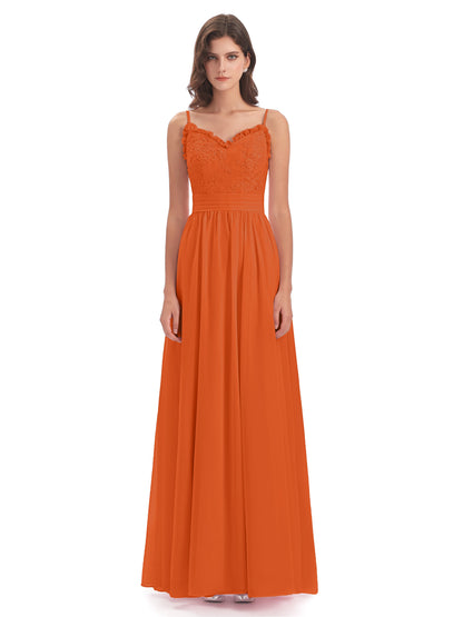 Madison A-line Spaghetti Straps Lace Long Bridesmaid Dresses