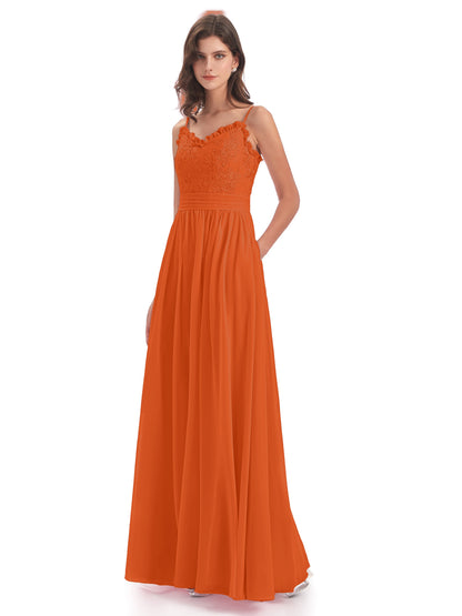 Madison A-line Spaghetti Straps Lace Long Bridesmaid Dresses