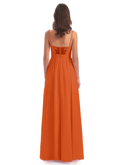 Madison A-line Spaghetti Straps Lace Long Bridesmaid Dresses