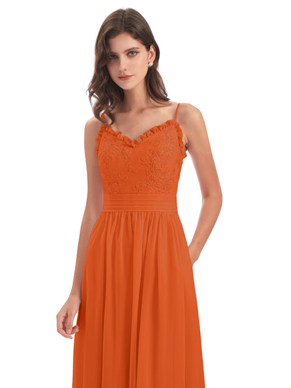 Madison A-line Spaghetti Straps Lace Long Bridesmaid Dresses