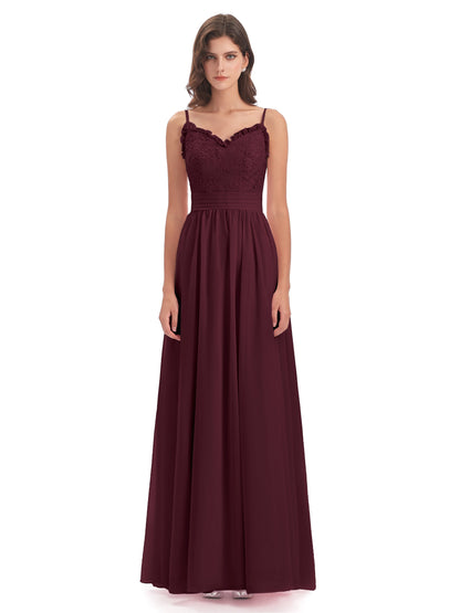 Madison A-line Spaghetti Straps Lace Long Bridesmaid Dresses