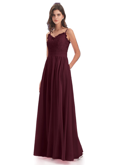 Madison A-line Spaghetti Straps Lace Long Bridesmaid Dresses