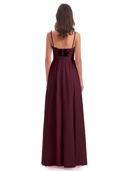Madison A-line Spaghetti Straps Lace Long Bridesmaid Dresses
