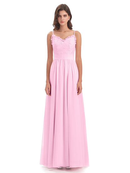 Madison A-line Spaghetti Straps Lace Long Bridesmaid Dresses