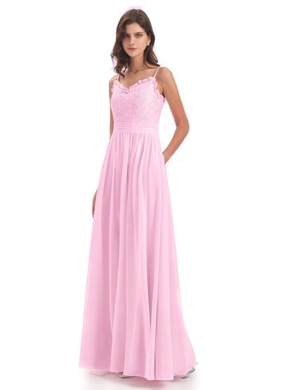 Madison A-line Spaghetti Straps Lace Long Bridesmaid Dresses