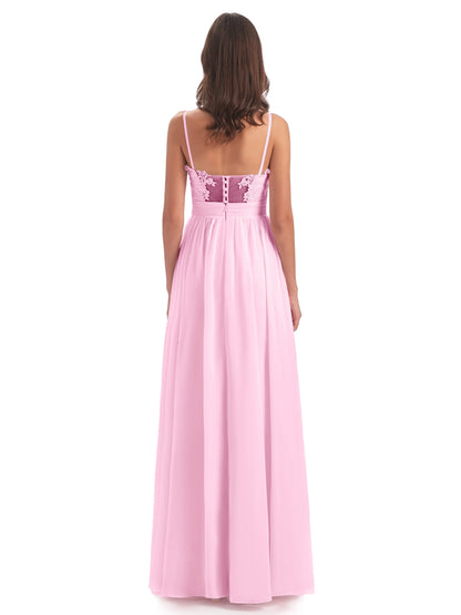 Madison A-line Spaghetti Straps Lace Long Bridesmaid Dresses