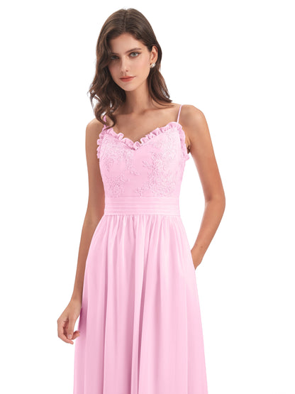 Madison A-line Spaghetti Straps Lace Long Bridesmaid Dresses