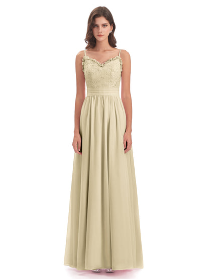 Madison A-line Spaghetti Straps Lace Long Bridesmaid Dresses