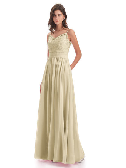 Madison A-line Spaghetti Straps Lace Long Bridesmaid Dresses
