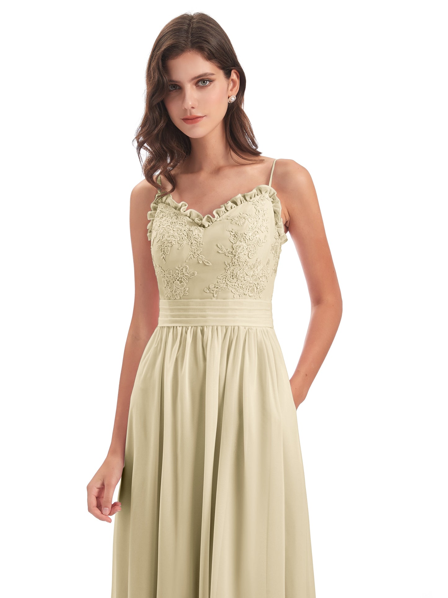 Madison A-line Spaghetti Straps Lace Long Bridesmaid Dresses